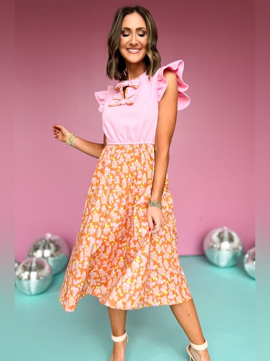 Voy Dresses & Skirts - Voy NWOT Pink Multi Floral Mixed Fabric Ribbon Accents Dress Sz M